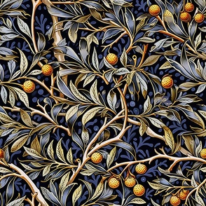 Fruit of Jesse's Tree - Blue/Orange on Black Wallpaper - New