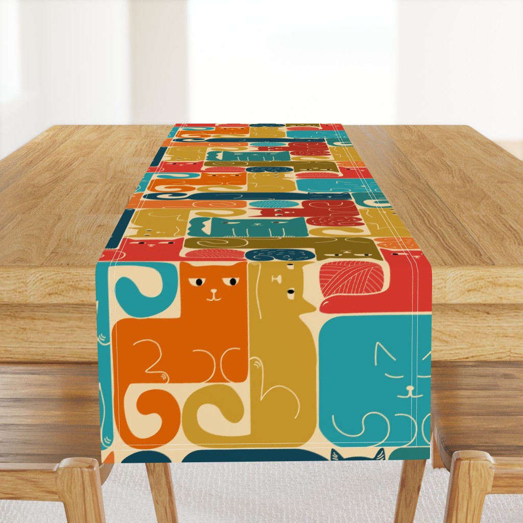 Fun cats shaped as a tetris blocks in retro colors on tan beige, LARGE scale