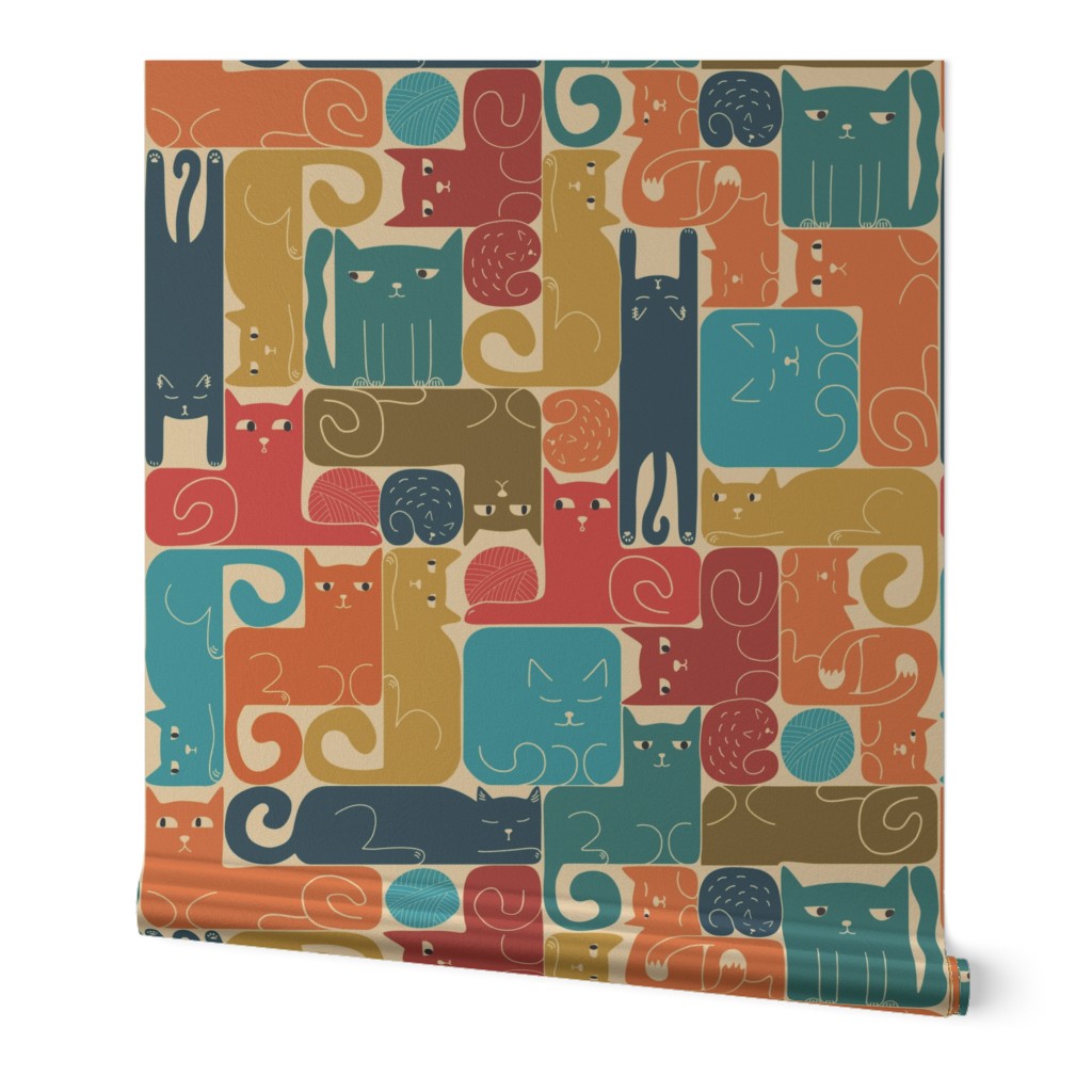 Fun cats shaped as a tetris blocks in retro colors on tan beige, LARGE scale