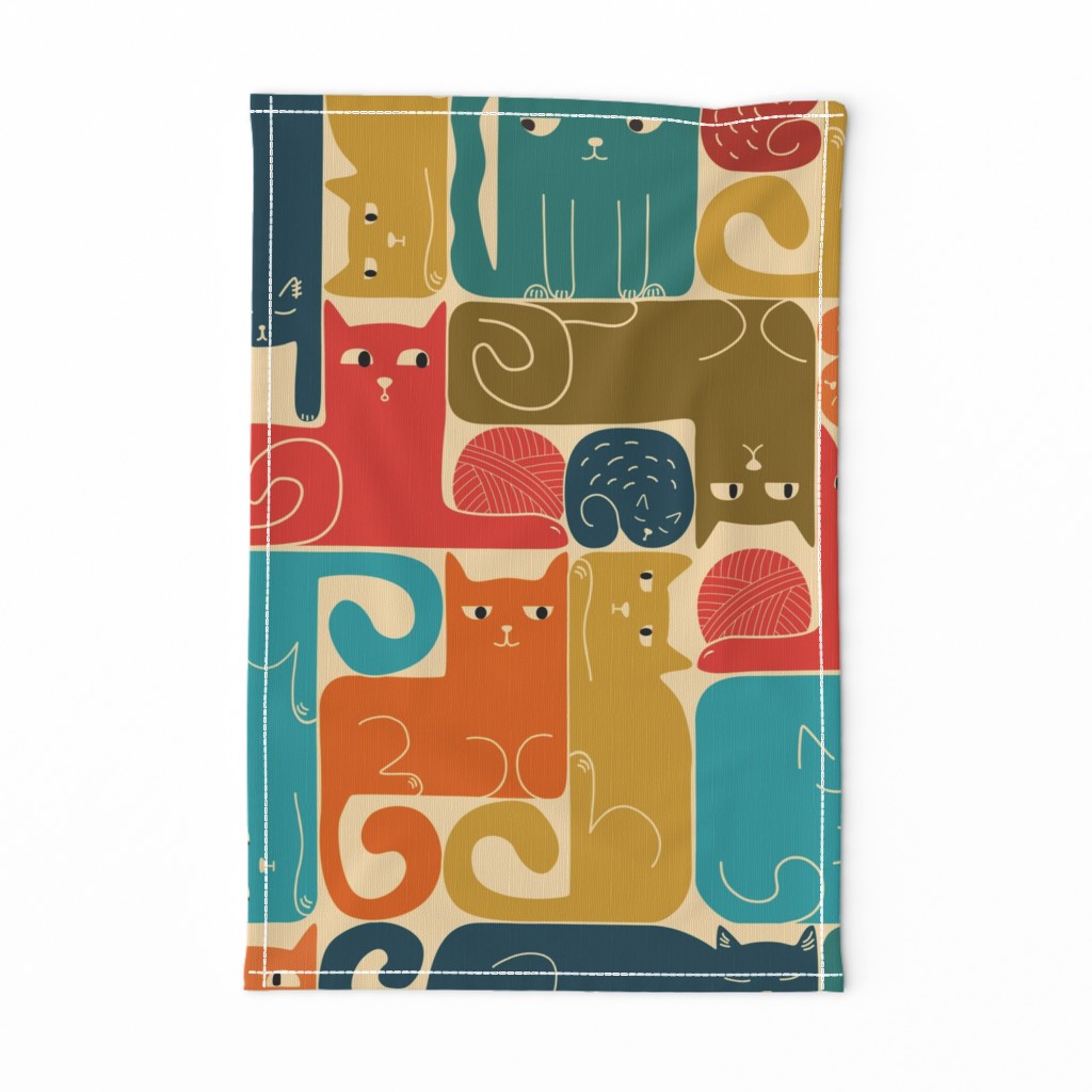 Fun cats shaped as a tetris blocks in retro colors on tan beige, LARGE scale