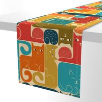 Fun cats shaped as a tetris blocks in retro colors on tan beige, LARGE scale