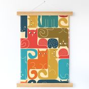 Fun cats shaped as a tetris blocks in retro colors on tan beige, LARGE scale