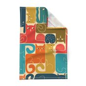 Fun cats shaped as a tetris blocks in retro colors on tan beige, LARGE scale