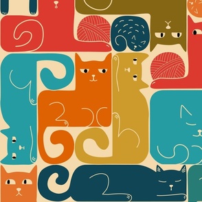 Fun cats shaped as a tetris blocks in retro colors on tan beige, LARGE scale