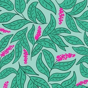 Green leaves and hot pink flowers on light teal green,  MEDIUM, leaves are approx 1x2 inches