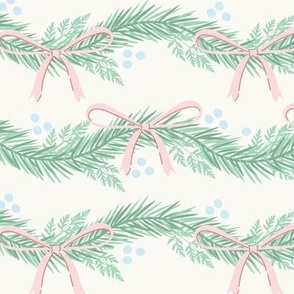 Medium-scale, Christmas garland with bows design in colors of green, pink, red,  off-white, and light blue.
