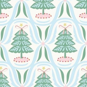 Medium-scale, geometric winter, Christmas tree design in colors of pink, red, green, light blue, and light yellow.
