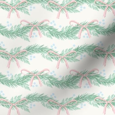 Small-scale, Christmas garland with bows design in colors of green, pink, red, off-white, and light blue.