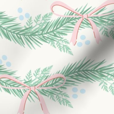 Large-scale, Christmas garland with bows design in colors of green, pink, red, of-white, and light blue.