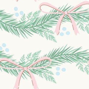 Large-scale, Christmas garland with bows design in colors of green, pink, red, of-white, and light blue.
