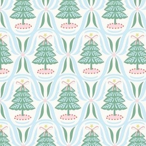 Small-scale, geometric, winter Christmas tree design in colors of pink, red, green, light blue, and light yellow.
