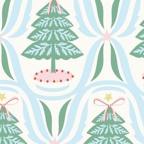 Large-scale, geometric, winter Christmas tree design in colors of pink, red, green, light blue, and light yellow.
