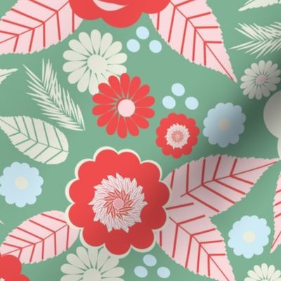 Large-scale, floral design with candy cane leaves and cute flowers in colors of pink, red, green, light blue, and light yellow.
