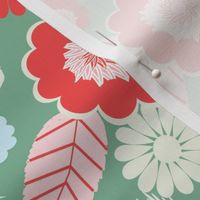 Large-scale, floral design with candy cane leaves and cute flowers in colors of pink, red, green, light blue, and light yellow.

