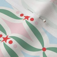 Large-scale, geometric, Christmas shapes in colors of pink, red, blue, and green. 
