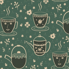 Cozy Tea Cups on Green