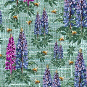 Flowers and Bees on Botanical Green Linen Texture, Flying Bumblebees on Purple Lupine Pink Lupin Floral Pattern