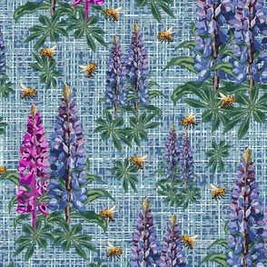 Bees & Flowers on Cottage Garden Blue Linen Texture, Flying Bumblebees on Purple Lupine Pink Lupin Floral Pattern