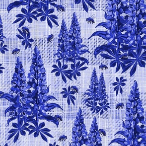 Vibrant Blue Ink Flowers and Honey Bees on Linen Plaid Texture, Flying Bee Pollinators, Lupin Lupine Floral Stems