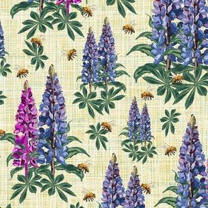 Honey Bee Cottage Garden Flowers, Flying Bee Pollinators Pink Purple Lupin Lupine Floral Stems on Linen Texture