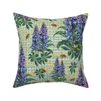 Modern Farmhouse Bee Garden Flower Pattern, Flying Bee Pollinators, Lupin Lupine Floral Stems on Rustic Linen Tweed Texture 