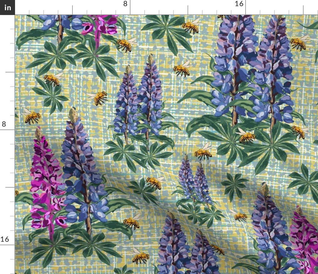 Modern Farmhouse Bee Garden Flower Pattern, Flying Bee Pollinators, Lupin Lupine Floral Stems on Rustic Linen Tweed Texture 