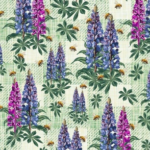 Colorful Flowers and Honey Bees, Flying Bee Pollinating Pink Purple Lupin Lupine Floral Stems on Linen Texture
