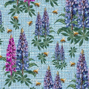 Honey Bee Cottage Garden Flowers, Pink Purple Lupin Lupine Floral Stems on Linen Texture, Flying Bee Pollinators 