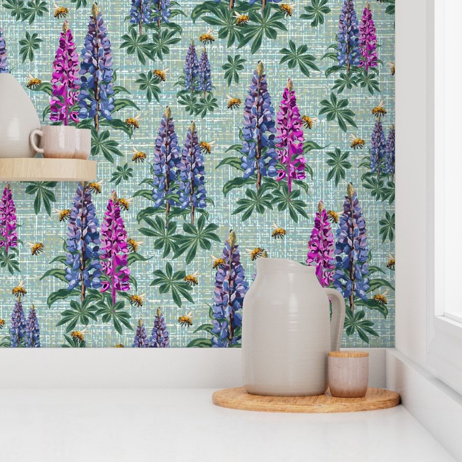 Modern Bee Garden Cottage Flower Pattern, Flying Bee Pollinators, Lupin Lupine Floral Stems on Rustic Linen Tweed Texture 