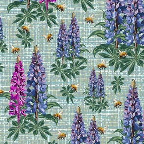 Modern Bee Garden Cottage Flower Pattern, Flying Bee Pollinators, Lupin Lupine Floral Stems on Rustic Linen Tweed Texture 
