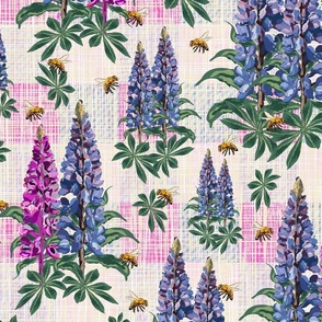 Pink Plaid Cottage Flower Bee Garden Pattern, Flying Bee Pollinators, Lupin Lupine Floral Stems on Rustic Linen Plaid Texture 