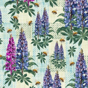Yellow Honey Bee and Cottage Garden Flowers, Pink Purple Lupin Lupine Floral Stems on Linen Texture, Flying Bee Pollinators 