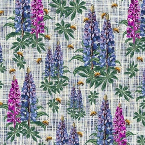 Modern Cottage Bee Garden Flower Pattern, Lupin Lupine Floral Stems on Linen Texture, Flying Bee Pollinators 