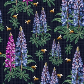 Dark Moody Flowers and Flying Honey Bees, Bee Pollinators on Midnight Blue, Pink Purple Lupin Lupine Floral Stems on Linen Texture