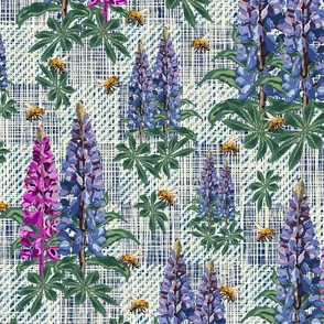 Flowers and Honey Bees, Flying Bee Pollinating Pink Purple Lupin Lupine Floral Stems on Linen Texture