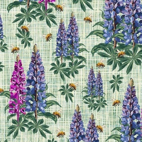 Cottage Flowers and Honey Bees, Flying Bee Pollinators Pink Purple Lupin Lupine Floral Stems on Linen Texture