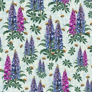 Flowers and Honey Bees, Flying Bee Pollinating Pink Purple Lupin Lupine Floral Stems on Linen Texture