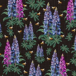 Bold Moody Flowers with Busy Honey Bees, Pink Purple Lupin Lupine Floral Stems on Linen Texture