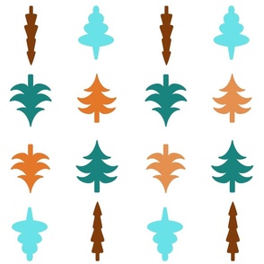 Teal, orange and brown trees on white