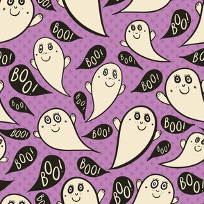 Happy-ghosts-with-black-boo-speech-bubbles-and-vintage-bluish-purple-stars-XL-jumbo