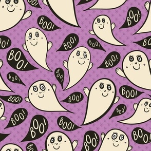 Happy-ghosts-with-black-boo-speech-bubbles-and-vintage-bluish-purple-stars-M-medium