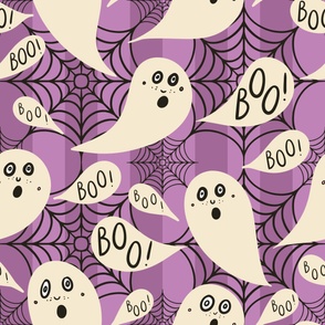 Whimsigothic-ghosts-with-boo-speech-bubbles-on-bluish-purple-vertial-stripes-with-cobwebs-XL-jumbo