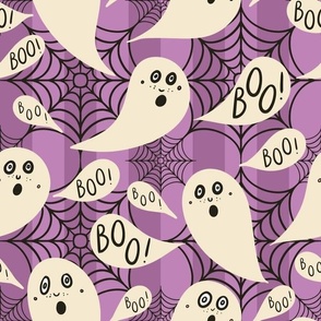 Whimsigothic-ghosts-with-boo-speech-bubbles-on-bluish-purple-vertial-stripes-with-cobwebs-M-medium