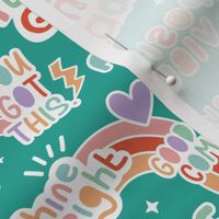 Positive vibes and happy affirmation stickers back to the nineties - freehand retro feminist quote rainbow text design to cheer you up orange lilac blush on teal blue 