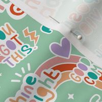 Positive vibes and happy affirmation stickers back to the nineties - freehand retro feminist quote rainbow text design to cheer you up lilac mint teal orange on mint green 