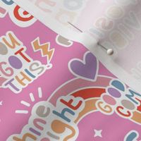 Positive vibes and happy affirmation stickers back to the nineties - freehand retro feminist quote rainbow text design to cheer you up orange lilac blush on pink 