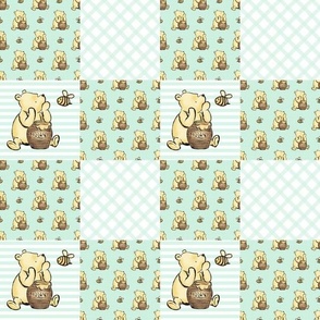Smaller Scale Patchwork 6" Squares Classic Pooh in Pale Mint Green for Cheater Quilt or Blanket