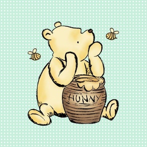18x18 Panel Classic Pooh and Hunny Pot on Pale Mint Green for DIY Throw Pillow Cushion Cover or Lovey