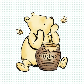 18x18 Panel Classic Pooh and Hunny Pot on Pale Mint Green Dots on White for DIY Throw Pillow Cushion Cover or Lovey