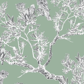 Modern Chinoiserie Green, White, Gray with bird, leaves, trees, Large scale